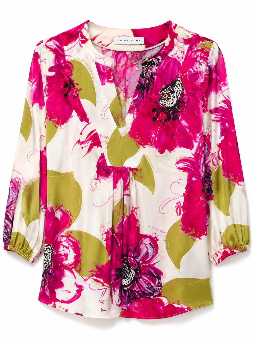 Silk Trina Turk Women's Floral Top - Pink and Green Sz:M